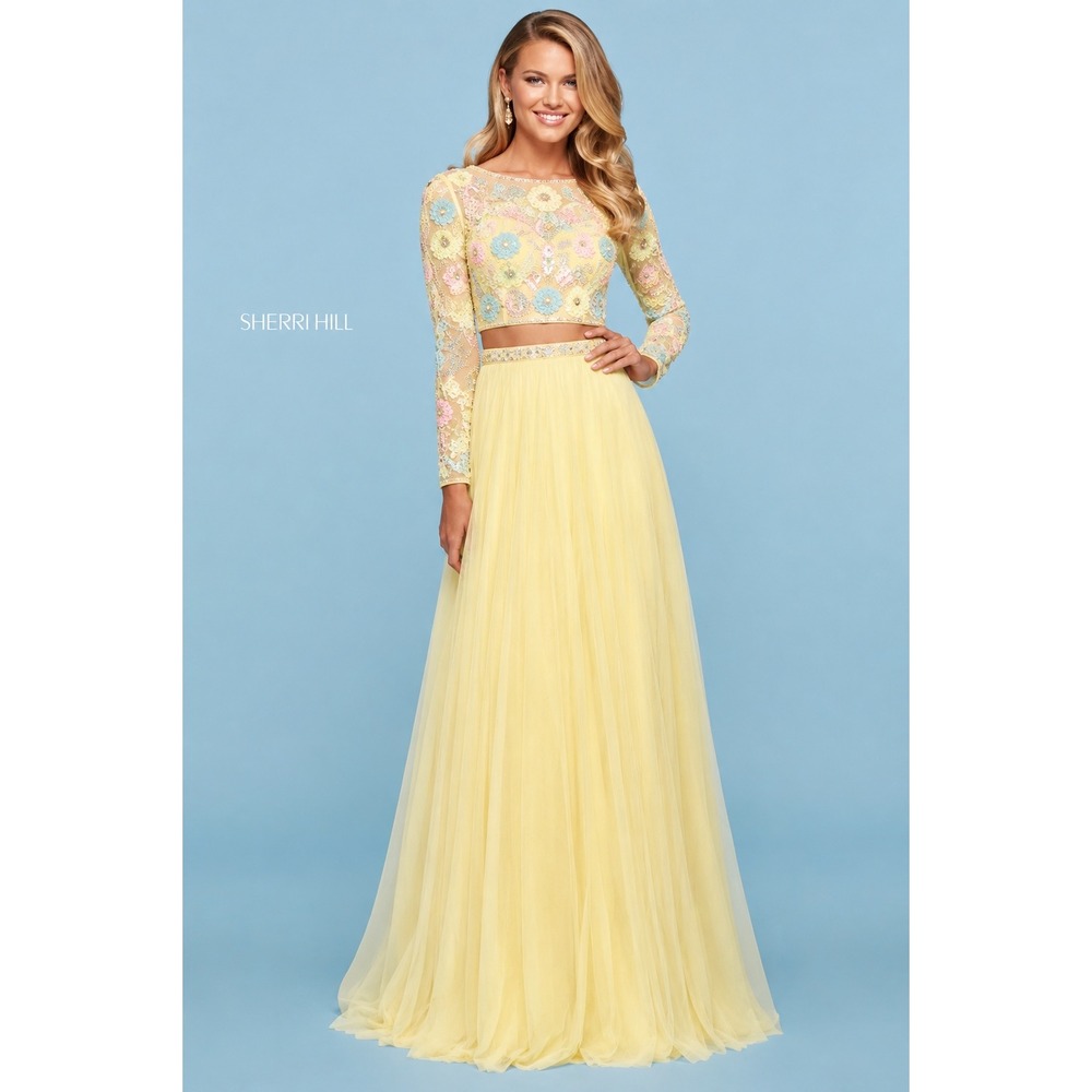 Sherri Hill 53553 Light Yellow Multi‎ Beaded Two Piece Gown Size 2 NWT